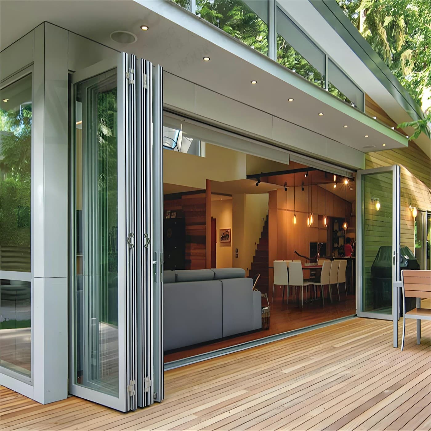 Aluminium bi-fold doors opening a modern home onto a timber deck at dusk